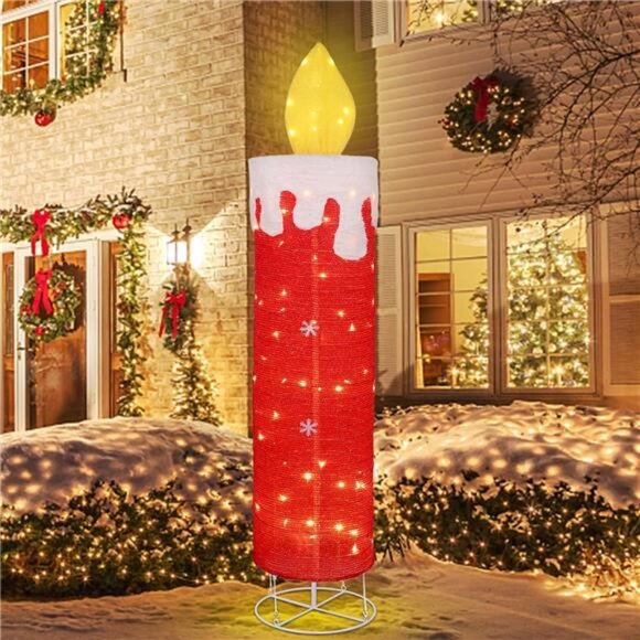 5.2 FT Christmas Lighted Decor Candle, Red Glitter 3D with Flickering Flame - Picture 5 of 8